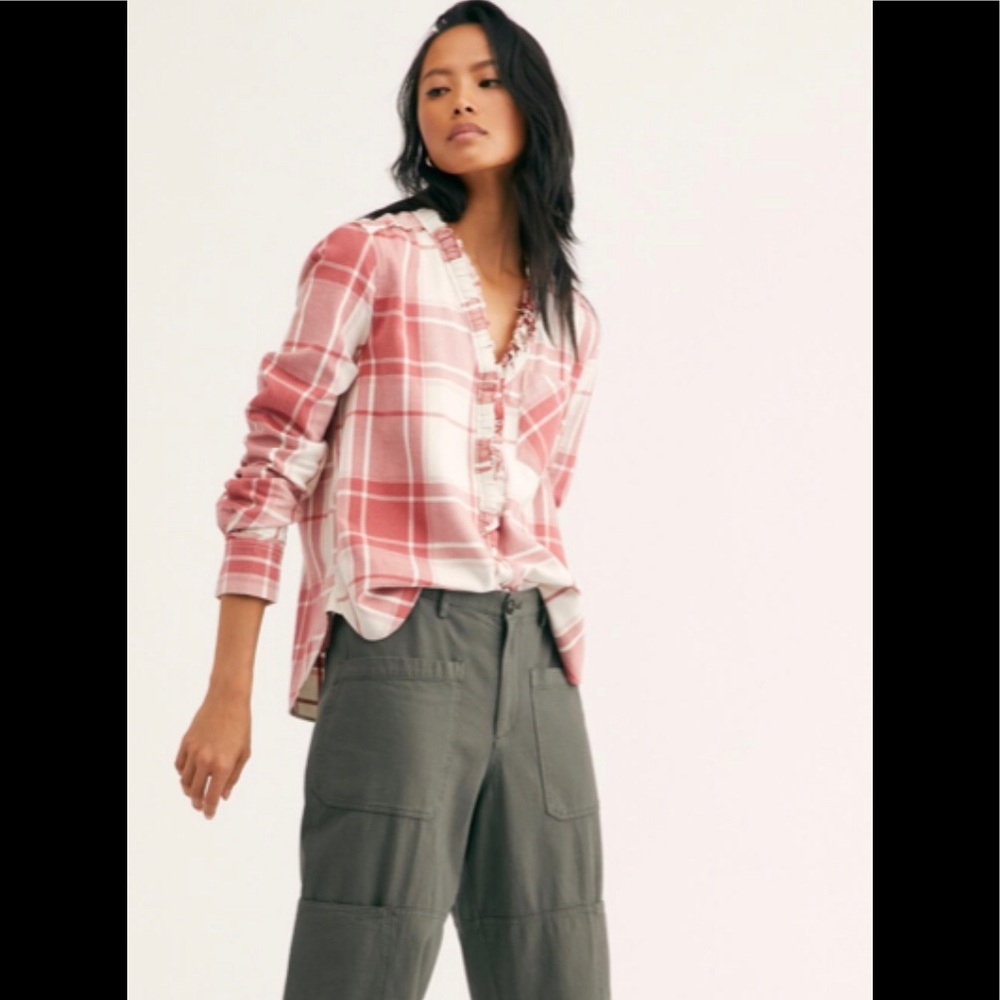 Free People Always Forever Ruffle Red Pink Plaid Flannel Top Small - Picture 3 of 12